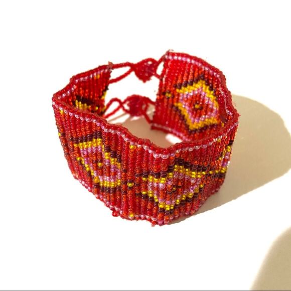 Beaded Geometric Southwestern Diamond Print Cuff Bracelet Red Yellow - Picture 4 of 8